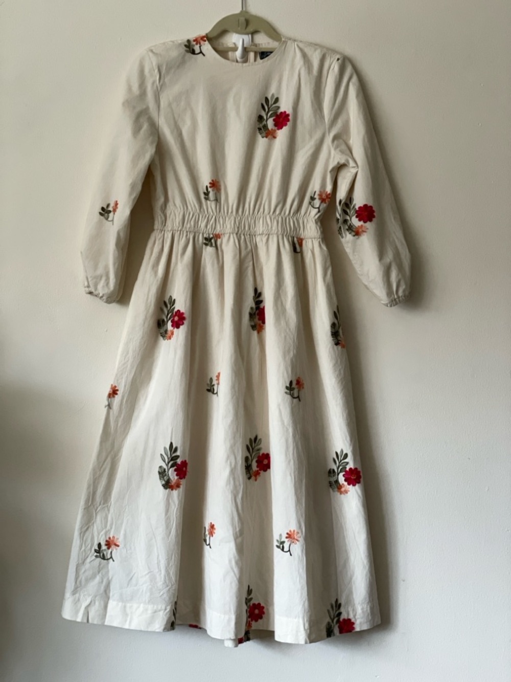 Cream Long Sleeve Cotton Midi Dress Red Floral Embroidery Modest Garden cottage